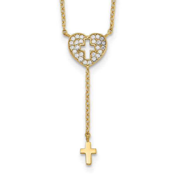 14KT Yellow Gold Cubic Zirconia 17" Heart Cross Necklace