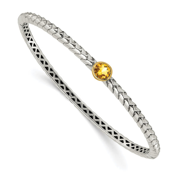 14KT Yellow Gold Plated Sterling Silver 6MM Round Citrine 7.25" Hinged Bangle Bracelet