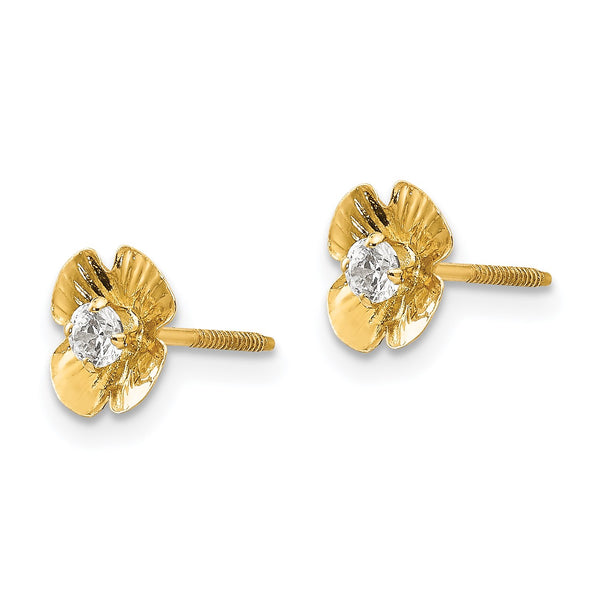 14KT Yellow Gold Round Cubic Zirconia 7MM Flower Earrings