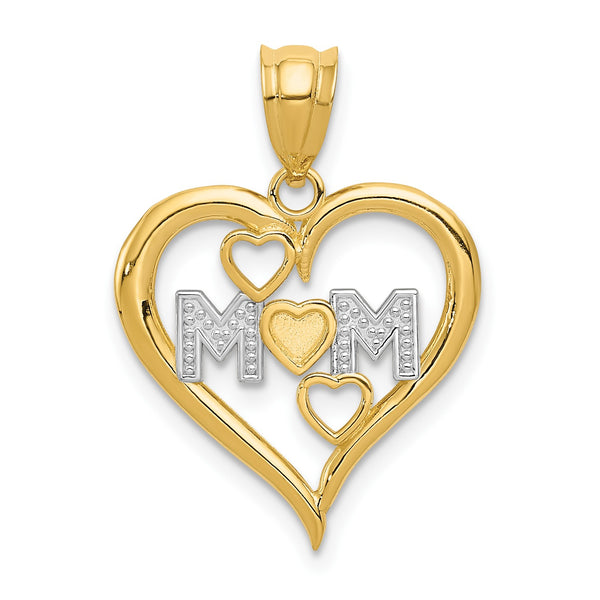 14KT Yellow Gold With Rhodium Plating 20X16MM Diamond-cut Mom Heart Pendant-Chain Not Included