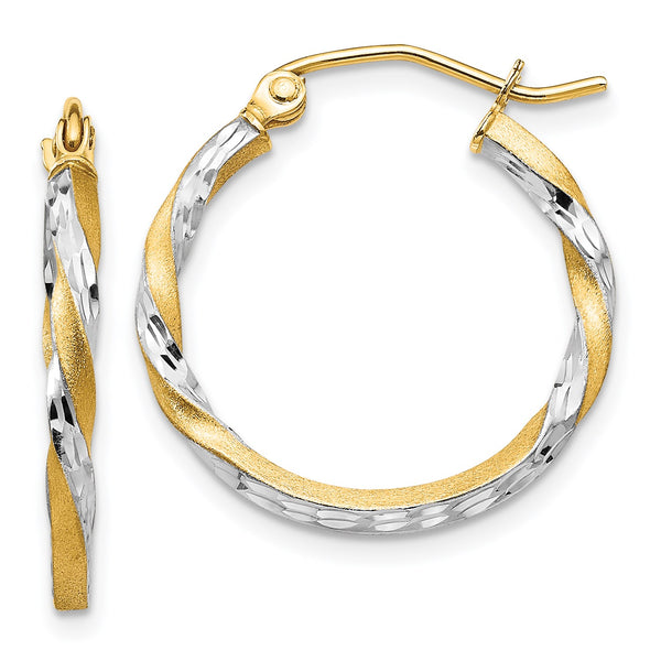 14KT Yellow Gold With Rhodium Plating 20X2MM Diamond-cut Twist Hoop Earrings