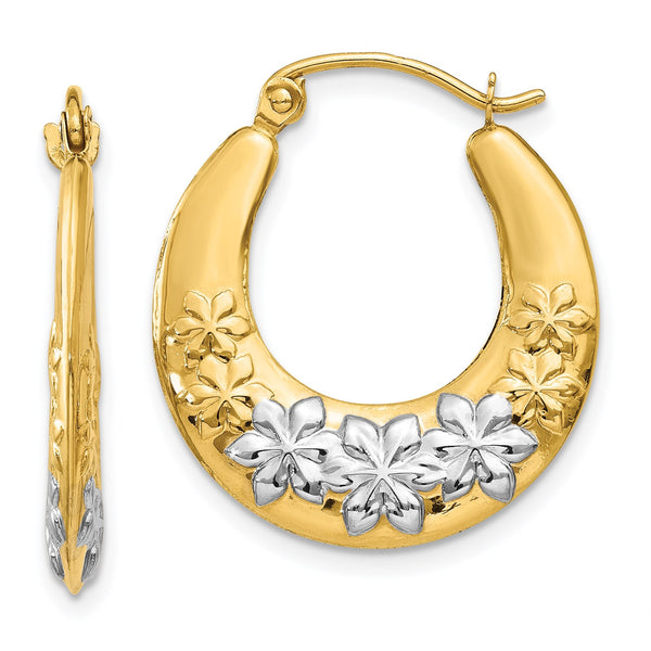 14KT Yellow Gold With Rhodium Plating 22X19MM Flower Hoop Earrings