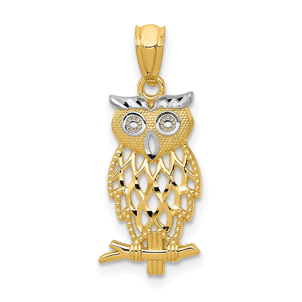 14KT Yellow Gold With Rhodium Plating 24X9MM Diamond-cut Owl Pendant-Chain Not Included