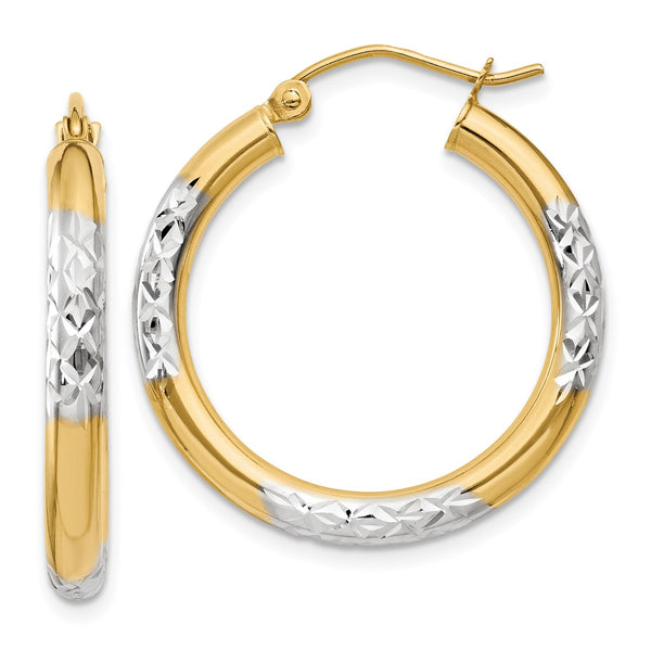 14KT Yellow Gold With Rhodium Plating 25X3MM Diamond-cut Hoop Earrings