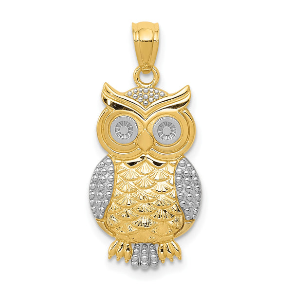14KT Yellow Gold With Rhodium Plating 26X12MM Owl Pendant-Chain Not Included