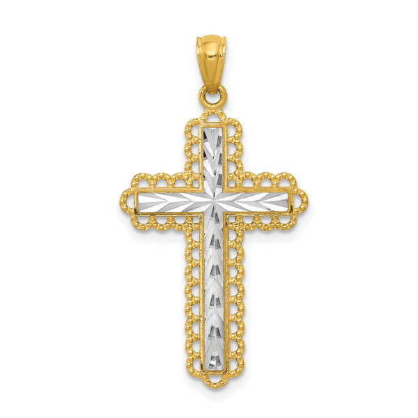 14KT Yellow Gold With Rhodium Plating 29X18MM Diamond-cut Cross Pendant-Chain Not Included