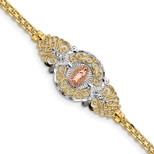 14KT Yellow Gold With Rhodium Plating 7" Religious Guadalupe Bracelet