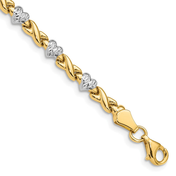 14KT Yellow Gold With Rhodium Plating 7" 4MM Diamond-cut Heart Bracelet