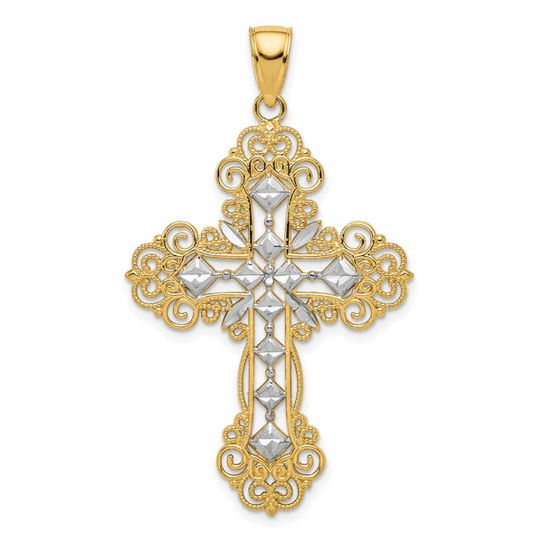 14KT Yellow Gold With Rhodium Plating Diamond-cut Filigree Cross Pendant-Chain Not Included