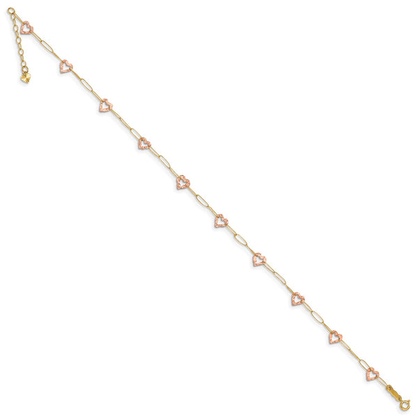 14KT Yellow and Rose Gold 9"+1" extender Adjustable Heart Anklet