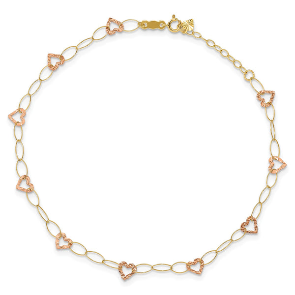 14KT Yellow and Rose Gold 9"+1" extender Adjustable Heart Anklet