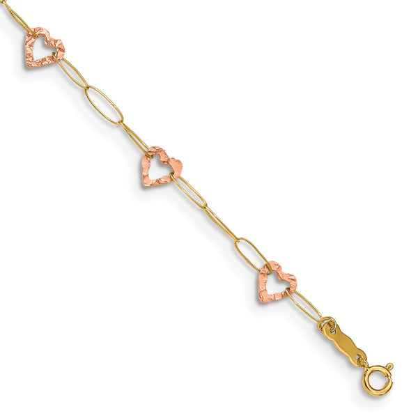 14KT Yellow and Rose Gold 9"+1" extender Adjustable Heart Anklet