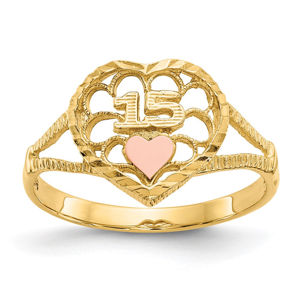 14KT Yellow and Rose Gold Heart Quinceanera Ring; Size 6