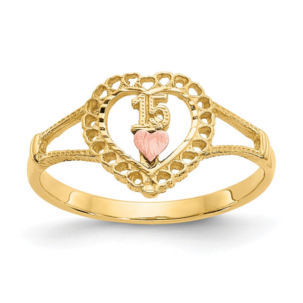 14KT Yellow and Rose Gold Heart Quinceanera Ring; Size 6