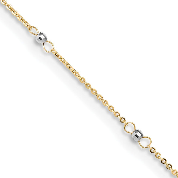 14K Cable Two-tone with Mirror Beads 9in Plus 1in Ext. Anklet