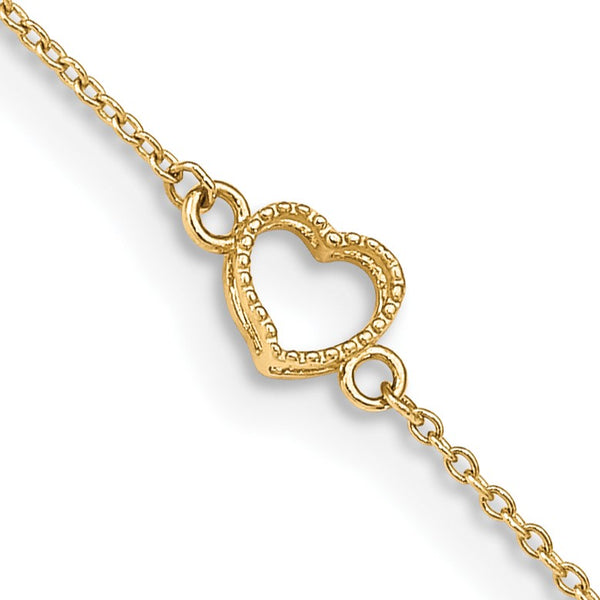 14K Gold Textured and Polished Heart 9in Plus 1in ext. Anklet