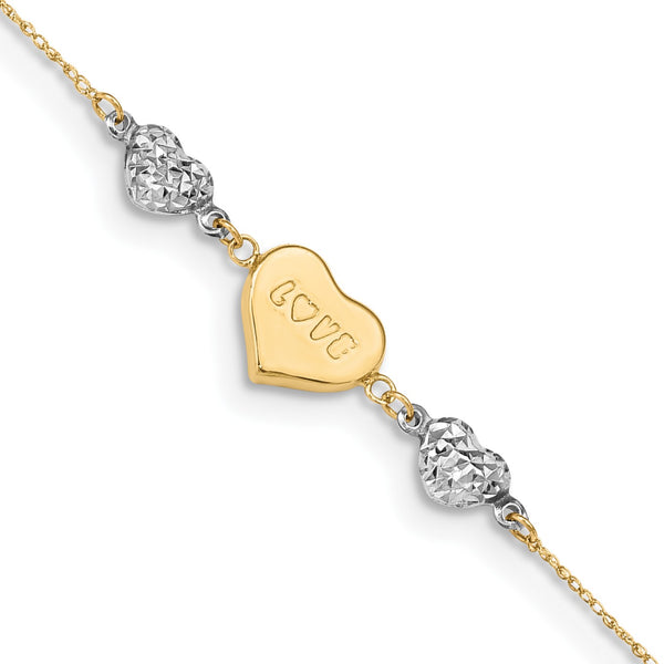 14K Two-tone D/C Puffed Heart LOVE 9in Plus 1in Ext Anklet