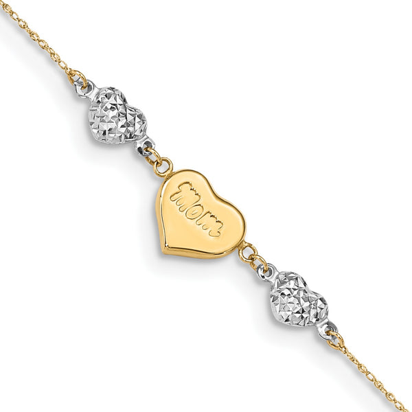14K Two-tone D/C Puffed Hearts MOM 9in Plus 1in Ext Anklet