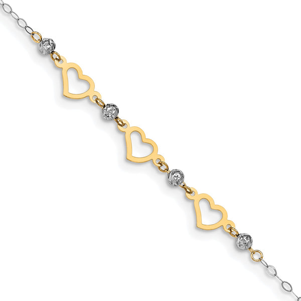 14K Two-tone Oval Link w/ D/C Beads & Heart 9in Plus 1in Ext Anklet