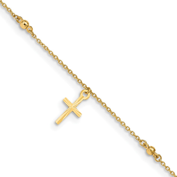 14k Polished and Textured Cross 9in Plus 1in ext. Anklet
