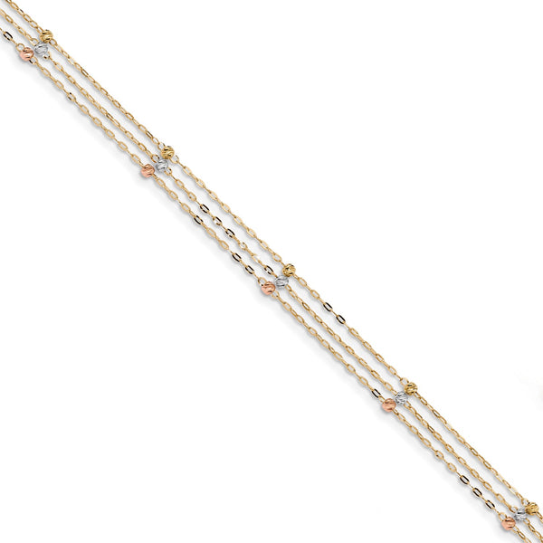 14k Tri-color 3-Strand Diamond-cut Beaded 9in Plus 1in extender Anklet