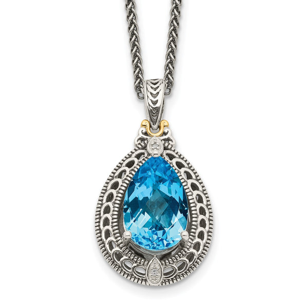 15X10MM Pear Swiss Blue Topaz and Diamond Lobster Clasp 18" Necklace in Sterling Silver