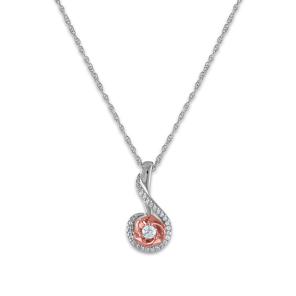 LoveSong 1/8 CTW Diamond Everlasting Rose 18" Pendant in 10KT White and Rose Gold