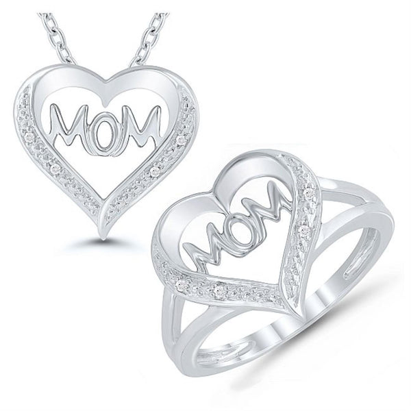 1/25 CTW Diamond Mom Heart Box Set Ring 18" Pendant in Sterling Silver