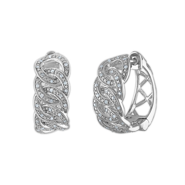 1/5 CTW Diamond Cuban Link Hoop Earrings in Rhodium Plated Sterling Silver