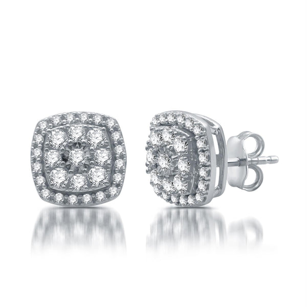 1 CTW Diamond Halo Cluster Stud Earrings in Rhodium Plated Sterling Silver