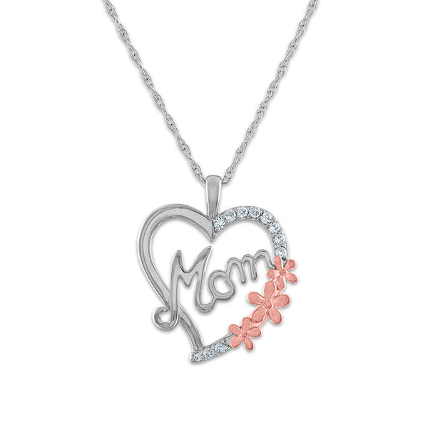 1/10 CTW Diamond Mom Flower Heart 18" Pendant in Sterling Silver