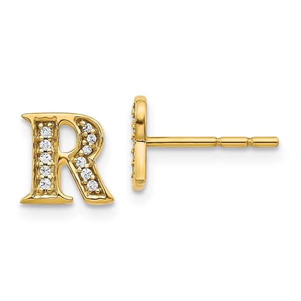 1/10 CTW Diamond Stud Initial Earrings in 14KT Yellow Gold; Initial R