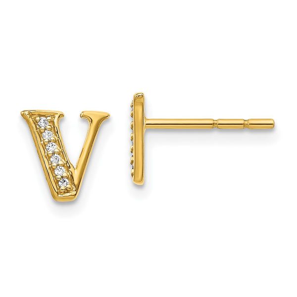 1/20 CTW Diamond Stud Initial Earrings in 14KT Yellow Gold; Initial V