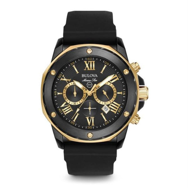 Bulova with 44X44 MM Black Round Dial Silicone Band Strap; 98B278