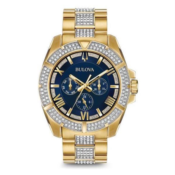 Bulova Crystal Collection Blue Round Dial Stainless Steel Watch Band; 98C128