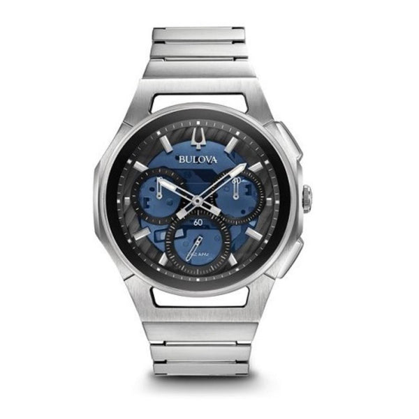 Bulova CURV with 44X44 MM Blue Round Dial Stainless Steel Watch Band; 96A205