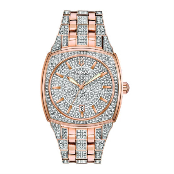 Bulova Crystal Collection with 40X40 MM Silvertone Sqaure Dial Stainless Steel Watch Band; 98B324