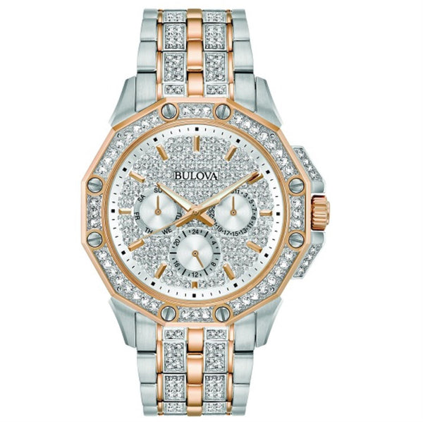 Bulova Crystal Collection with 41X41 MM Silvertone Round Dial Stainless Steel Watch Band; 98C133