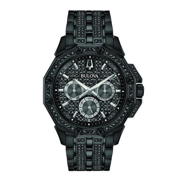 Bulova Crystal Collection with 41X41 MM Black Round Dial Stainless Steel Watch Band; 98C134