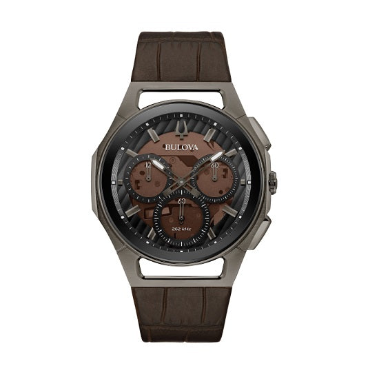 Bulova CURV with 44X44 MM Brown Round Dial Leather Band Strap; 98A231
