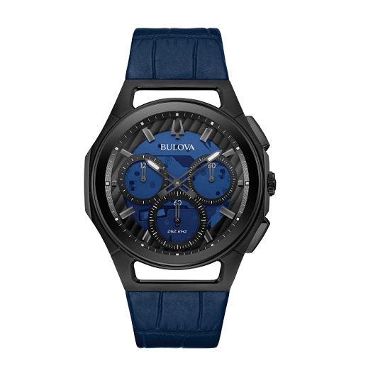 Bulova CURV with 44X44 MM Blue Round Dial Leather Band Strap; 98A232