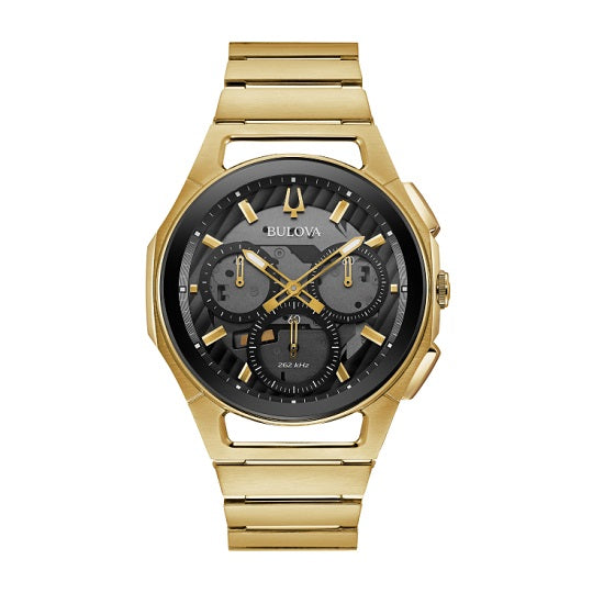 Bulova CURV with 44X44 MM Black Round Dial Stainless Steel Watch Band; 97A144