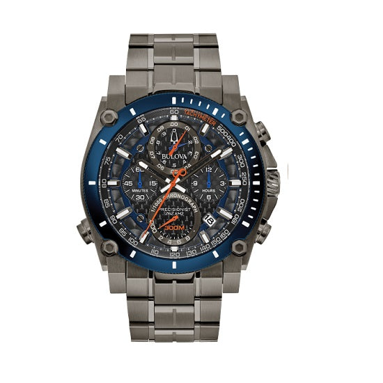 Bulova Precisionist with 46X46 MM Black Round Dial Stainless Steel Watch Band; 98B343