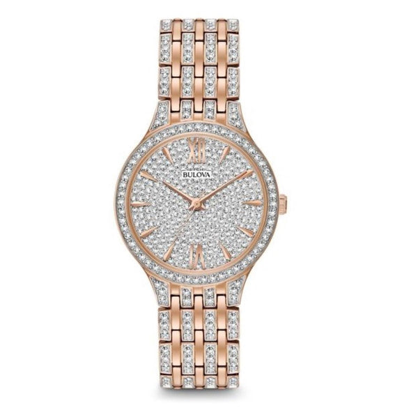 Bulova Crystal Collection with 32X32 MM Silvertone Round Dial Stainless Steel Watch Band; 98L235