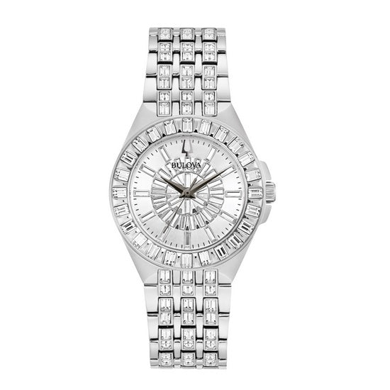 Bulova Crystal Collection with 23X02 MM Silvertone Round Dial Stainless Steel Watch Band; 96L278
