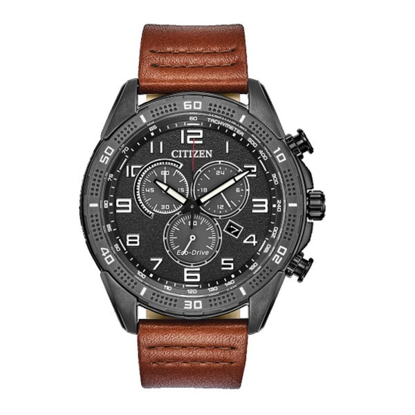 Citizen with 45X45 MM Black Round Dial Leather Band Strap; AT2447-01E