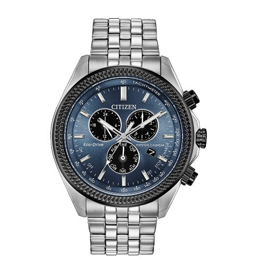 Citizen with 44X44 MM Blue Round Dial Stainless Steel Watch Band; BL5568-54L