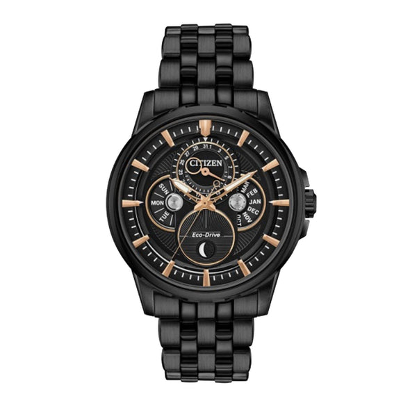 Citizen with 44X44 MM Black Round Dial Stainless Steel Watch Band; BU0057-54E