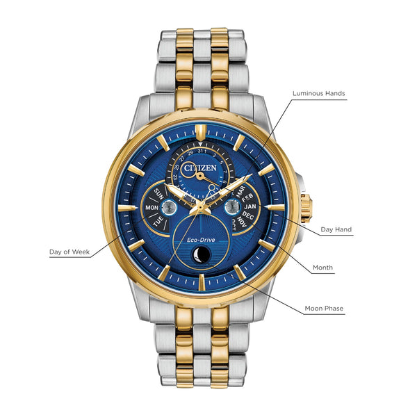 Citizen Moonphase 44MM Blue Dial Two-Tone Stainless Steel Case; BU0054-52L