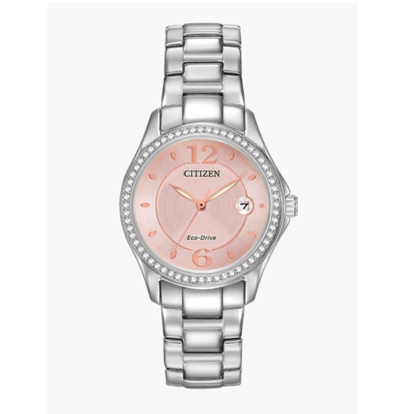 Citizen with 29X29 MM Pink Round Dial Stainless Steel Watch Band; FE1140-86X